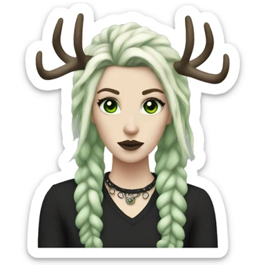 Punk woman, pale skin, green eyes, black dreadlocks, eyeliner, deer antlers  sticker