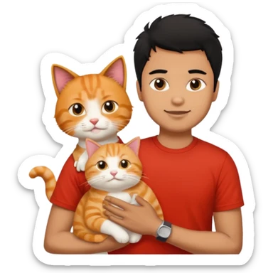 Brown guy with black hair in red t-shit with orange cat sticker