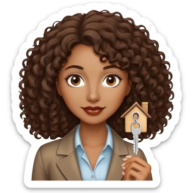 Dark brown lady with medium brown mid length curly hair in real estate job with house and keys sticker