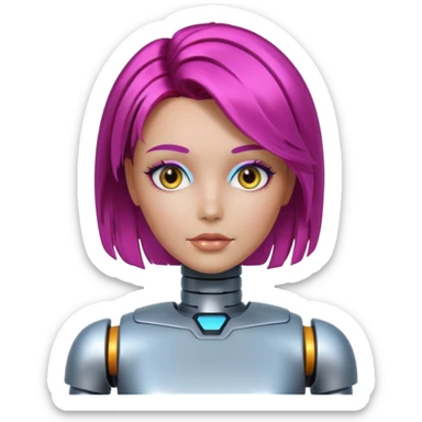 female vibrant hair color metalic robot face not human face sticker