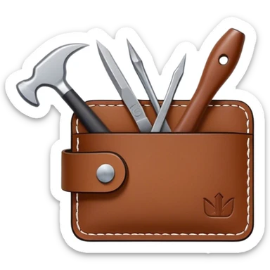 Leatherworking icon, piece of raw leather being crafted into a leather wallet or belt, professional tools like leather stitching awl, edge beveler, hammer, prying tool, minimalistic style, clean lines, transparent background. sticker