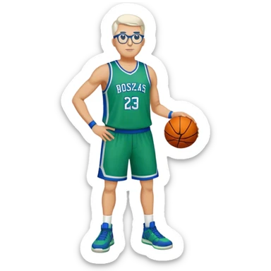 Full Body large white male basketball player wearing glasses wearing blue green uniform sticker