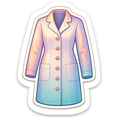 female medical coat full length, with buttons all along, retro stickers style, soft rounded shapes, clean contours, pastel palette, shadows and highlights, modern illustration, transparent background sticker