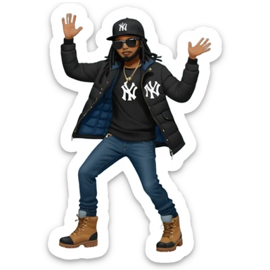 African American man with shoulder length black dreadlocks and black sunglasses wearing a black New York Yankees baseball hat with a North Face brand bubble winter coat with denim skinny jeans and timberland boots dancing sticker