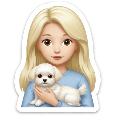 birthday woman with long blonde hair is holding a Maltese dog sticker
