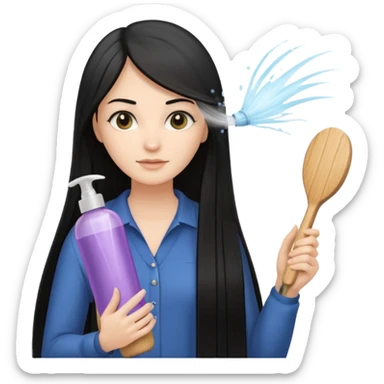 A white woman with long, straight black hair, holding a wooden paddle hairbrush in her left hand and spraying a hair mist bottle with her right hand toward her hair. sticker