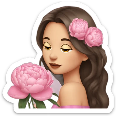 brunette girl smells  peonies sticker