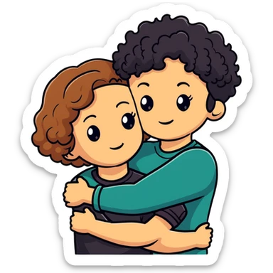 girl with long light brown hair and pale skin hugging a boy with short black curly hair and tanned skin sticker