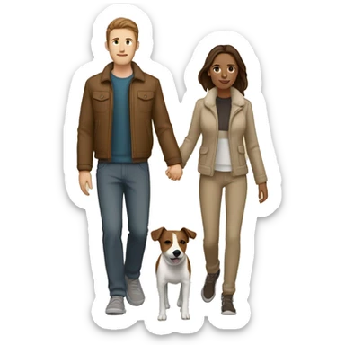 Couple with brown hair and beige jackets and brown pants holding hands on a late night walk with a jack russell terrier sticker