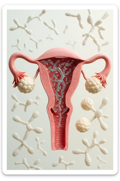 utero umano realistico con batteri della candida intorno, la foto si deve vedere per intero in formato verticale, sullo sfondo neutro chiaro ci sono batteri della candida, iperrealistico 4k sticker