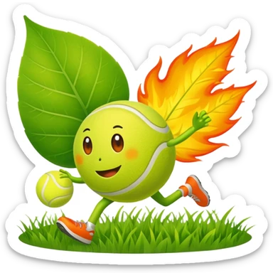 cartoon characters from bfdi, including a leaf, fire, and tennis ball, happily running in a grassy field sticker