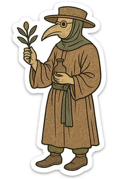 A full body medieval male doctor holding a herbal remedy sticker