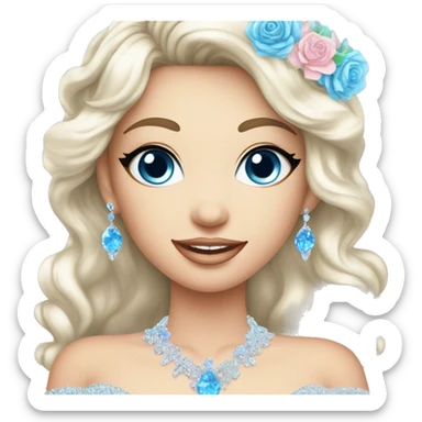 Gorgeous pastel Lady with blue eyes in a sparkly shiny dress with tiara and necklace and flowers behind her and trending  sticker