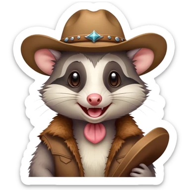 Happy opossum wearing a cowboy hat sticker