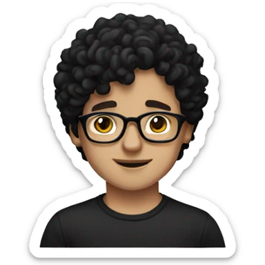 white boy with curly black hair and frameless glasses and black t shirt sticker