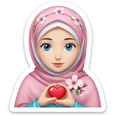 Turkish beautiful finish Konya girl blue eyes with cherry blossom flower design hijab and hold heart in her hand  sticker