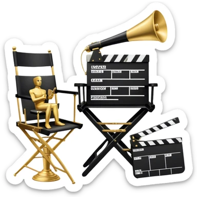 Icon for Directing: professional collage with director's chair, a film slate, a megaphone and an Oscar statuette. The icon should represent the creative and leadership aspects of directing, with focus on film and theater production. Transparent background. sticker