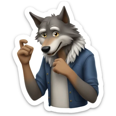 a somewhat surprised wolf twiddles his thumb at his temple sticker
