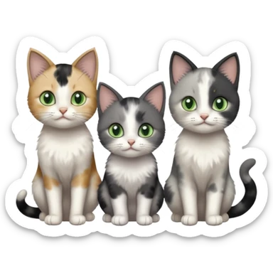 3 different coloured small cats including a dark grey and white, and a patchy calico and a completely solid dark grey with green eyes and only white paws sticker