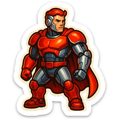 Scarlet Duke from the future, retro sticker style, cybernetic enhancements, red and silver colors, heroic stance, sticker border sticker