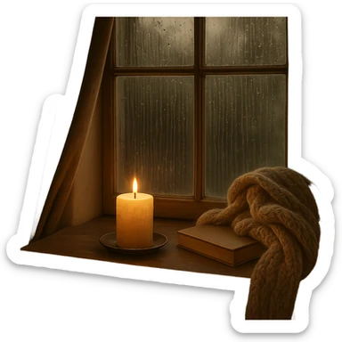 Remove the background, keep the window with rain outside and a candle on the sill, cozy mood, transparent background. sticker