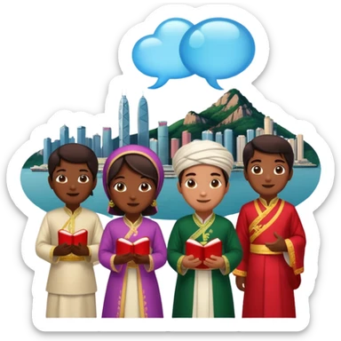 A group of Pakistani sitting around and sharing knowledge, with talking bubble of Hong kong scenary in it sticker