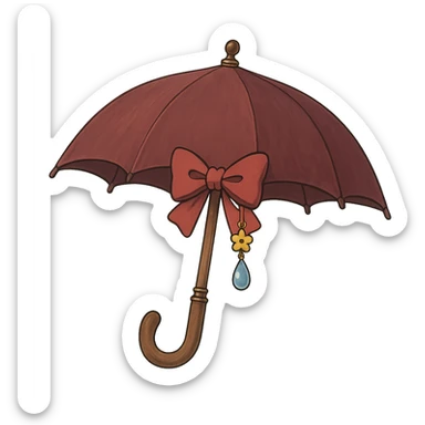 Add accessories such as a bow, charm, and raindrop keychain to the vintage burgundy umbrella. Keep the Ghibli style. Remove the background. sticker