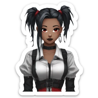 Gorgeous gothic dark techwear anime style lady with blushing face aesthetic and pretty edgy black red punk messy ponytail hair with collar and harness trending style sticker