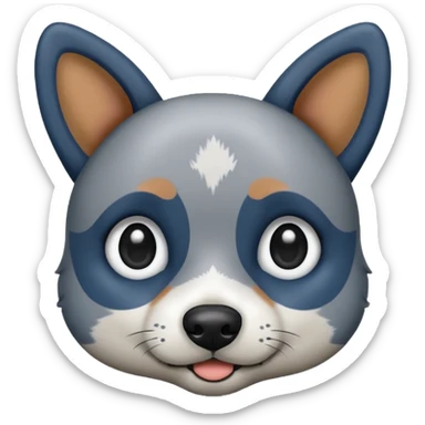 black, grey, and white blue heeler dog, emoji style, round face, big eyes, friendly expression, simple details sticker
