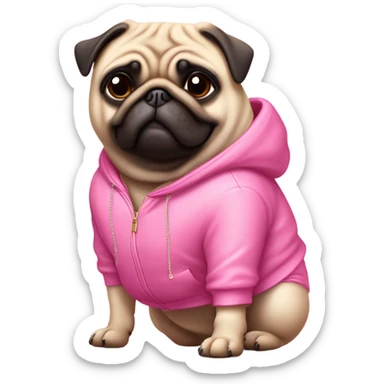 A fat pug wearing a juicy couture jumpsuit￼ sticker