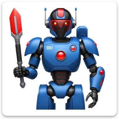 sci-fi black armored robot with red and blue shoulder lights, space station background, stats panel with sword icon, red orb icon, blue shield icon, all in apple emoji style sticker