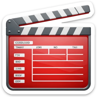 Glossy bright red clapperboard in the classic style of Apple icons: the top bar is tilted up-left, the body and bar with a deep glossy glare, dark gray edging, black background inside, perfectly square with rounded corners. sticker