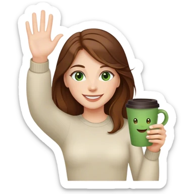 Long, Brown haired girl with green eyes, smiling, waving with one hand, coffee cup in the other sticker