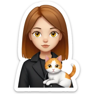 Light-skinned girl with brown straight hair wearing a black jacket, holding one pure white cat with yellow eyes and one calico cat with orange and black patches sticker