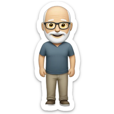 crossed arms full body smiling chubby white man bald head with gray beard glasses sticker
