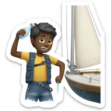 boy pouring water from a hose onto a sailboat  sticker