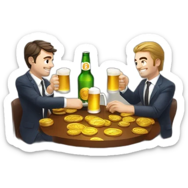 Ceo of coinhouse Nicolas louvet and ceo of cube3 Valentin Demé drinks a beer with bitcoin around him sticker