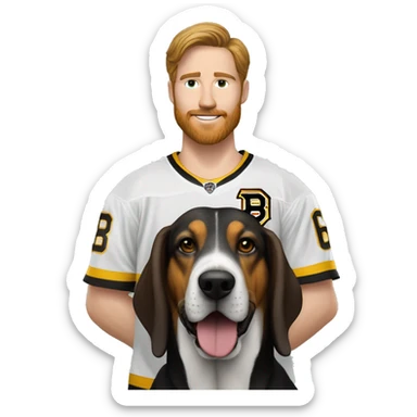 #28 player on the boston bruins white male with beard next to basset hound dog sticker