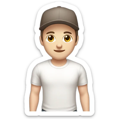 Pale skinned fit Man with dark brown hair in a light gray cap, dark brown jeans, brown polo and white T-shirt keeping a pasted with tape white box into his hands sticker