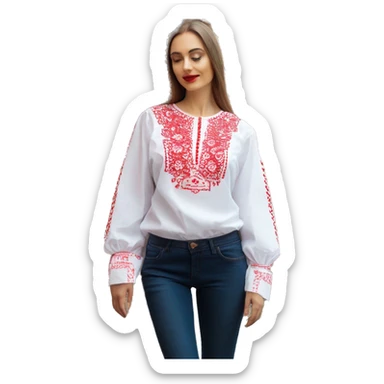 Long sleeve Blouse vyshyvanka, white with red embodiary on sleeves sticker