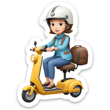 Older lady with brown hair riding a 4 wheel electric scooter wearing a helmet  sticker