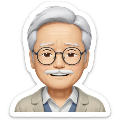 _cinematic-realistic-portrait-of-hayao-miyazaki,-depicted-with--large-rectangular-glasses,-his-happy-expression-rendered-in-lifelike-detail,-illuminated-with-soft,-realistic-lighting-that-emphasizes-his-creative-genius, his eyes shut  closed because of his large smile. eyes are shut sticker