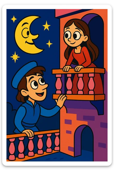 Romeo and Juliet on a cartoon balcony at night, big eyes, whimsical moon, fun and expressive, cartoon style sticker