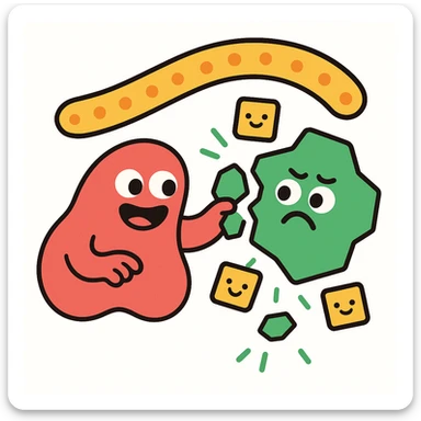 Ultra-detailed emoji-style illustration of enzyme digestion: Red amylase breaking green starch into sugars near a yellow cell membrane. Clean white background, no text. Scientific but simple sticker
