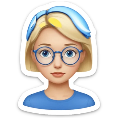 woman with very short side parted blonde haire, blue eyes and blue round glasses sticker