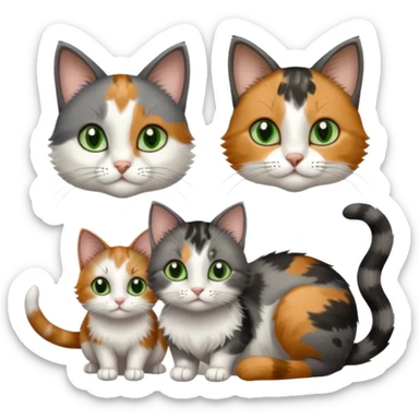 3 different coloured small cats including a dark grey and white, and a patchy calico with hazel eyes and a completely solid dark grey with green eyes and only white paws sticker