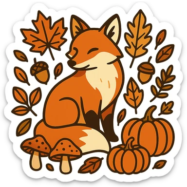 t-shirt design, vector illustration of a fox surrounded by autumn elements (fallen leaves, acorns, mushrooms, pumpkins), warm autumn color palette (orange, red, yellow, brown), clean bold lines, detailed but stylized, centered composition, no background, isolated graphic, modern flat style sticker