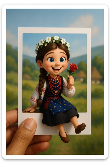 Based on the provided image, create a cute, stylised 3D character sitting playfully on the edge of a white Polaroid-style frame with one leg hanging off the edge. The character is holding a red rose and is wearing the same clothes as in the reference image.
The background is a soft, blurred landscape with a Ukrainian scenery.
The frame is held by a human hand with warm (light brown) skin tone.
The character has a happy, expressive face and Pixar-style lighting. The composition is centred, with realistic soft shadows and bright natural lighting.
Aspect ratio: 2:3. sticker