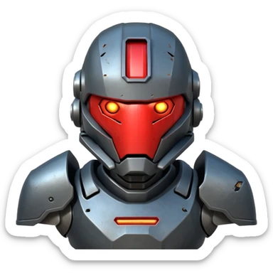 futuristic war robot portrait, head and shoulders only, aggressive design, sharp armor edges, glowing red eyes, battle-damaged helmet faceplate, heavy armor collar, intense dramatic lighting, sci-fi metal textures, 3D cartoon, mobile game icon style, clean background, no text, no watermark
 sticker