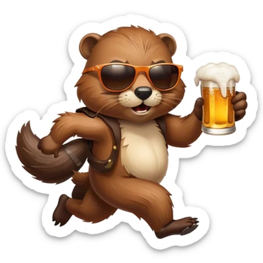 Beaver with cool sunglasses runnning from explosions and drinking beer. sticker